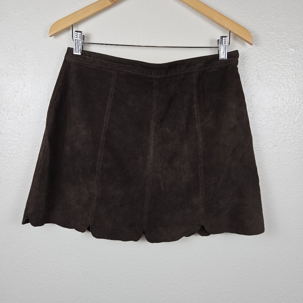 Zara Basic Brown‎ Suede Mini Skirt M | Scallop Hem Leather Look Fall Neutral